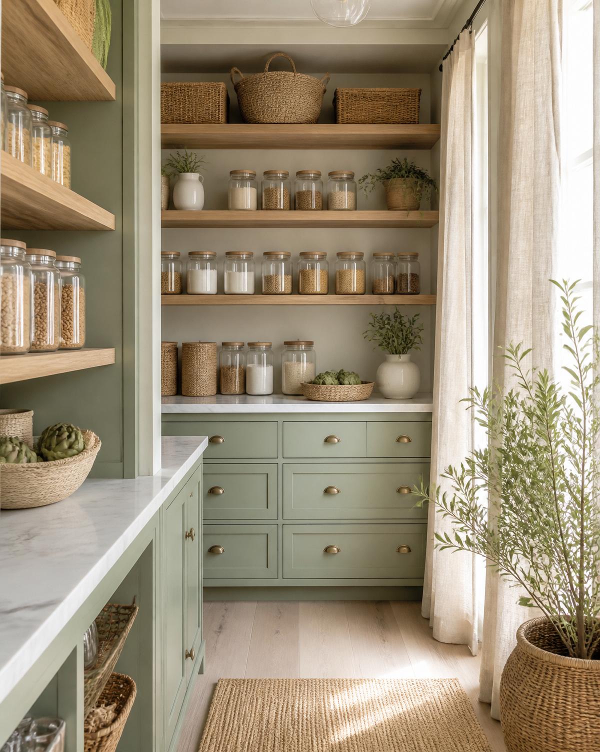 Elegant organized kitchen pantry with glass jars and woven baskets